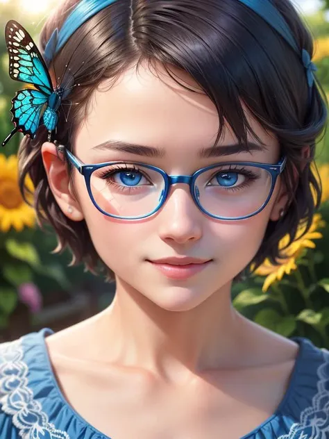 (highres, high lighting, 4k), blue rimmed glasses, 1girl, face, detailed face, blue eye, garden, very short hair, she has a butterfly on her head, close up face, sun in mid day, smile, :), looking at viewer, close - up intensity, blue dress, eyes half closed, <lora:eyeLora_eyesV10:0.1>