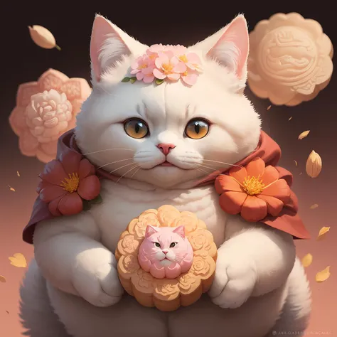 (masterpiece),(best quality),(ultra-detailed), digital painting, illustration, ((portrait)), pastel colours, bloom,
(no humans), (simple background:1.4), (clean background:1.4), (blurry background:1.3),
A (fat white cat) wearing a (A balaclava filled with flowers:1.5) and (holding a huge Chinese mooncake:1.3), (grin:1.2),