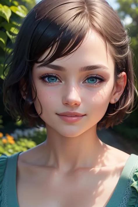 (highres, high lighting, 4k), 1girl, face, detailed face, blue eye, short hair, garden, close up face, sun in mid day, smile, :), looking at viewer, close - up intensity, green dress, eyes half closed,
