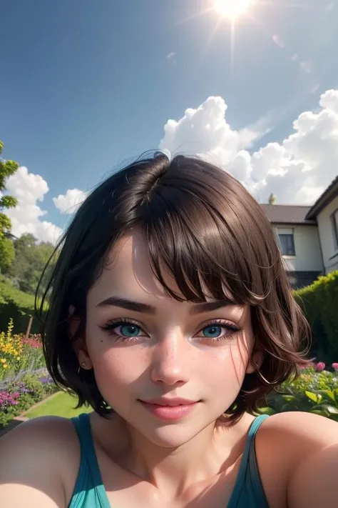 (highres, high lighting, 4k), 1girl, face, detailed face, blue eye, short hair, garden, close up face, sun in mid day, smile, :), looking at viewer, close - up intensity, green dress, eyes half closed,