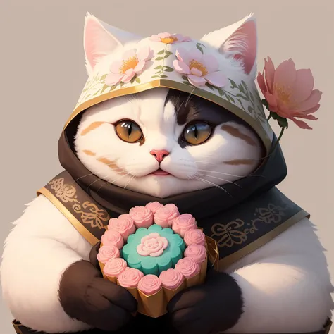 (masterpiece),(best quality),(ultra-detailed), digital painting, illustration, ((portrait)), pastel colours, bloom,
(no humans), (simple background:1.4), (clean background:1.4), (blurry background:1.3),
A (fat white cat) wearing a (A balaclava filled with flowers:1.5) and (holding a huge Chinese mooncake:1.3), (grin:1.2),