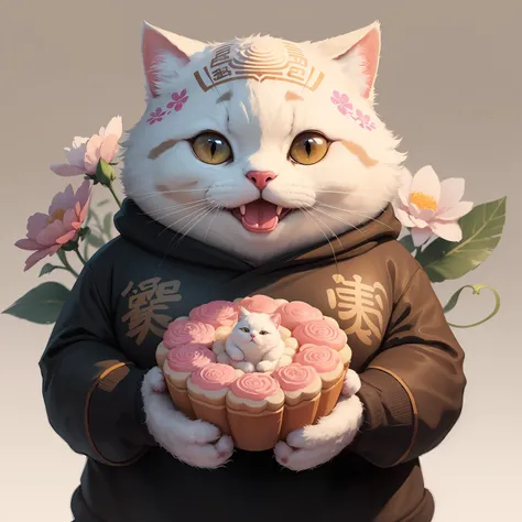 (masterpiece),(best quality),(ultra-detailed), digital painting, illustration, ((portrait)), pastel colours, bloom,
(no humans), (simple background:1.4), (clean background:1.4), (blurry background:1.3),
A (fat white cat) wearing a (A balaclava filled with flowers:1.5) and (holding a huge Chinese mooncake:1.3), (grin:1.2),