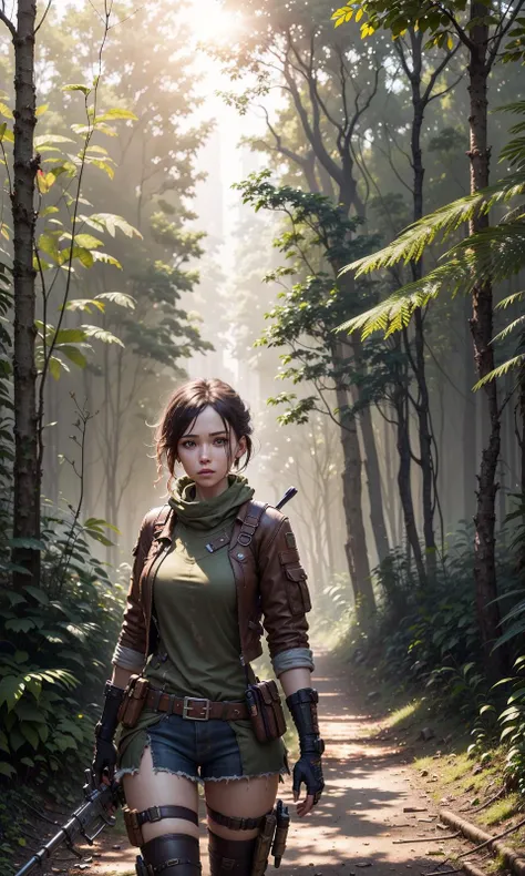 masterpiece, best quality, highres, ellie williams in a post-apocalyptic environment, standing in a large field surrounded by overgrown greenery, holding a weapon, determined expression on her face. The background shows an old city, covered in thick foliage and forests, the remains of the buildings can be seen peeking through the greenery, daylight, the sun shining through the trees. unique blend of nature reclaiming what was once urban and the remnants of a city once stood, concept art, Naughty Dog studio, highly detailed face, looking at viewer, trending on ArtStation, trending on CGSociety, intricate, high detail, highly detailed, sharp focus, dramatic, photorealistic, realistic, sci-fi, fantasy, octane render, row photograph, depth of field, sunbeam, <lora:EpiNoiseOffset_v2-Pynoise:1>