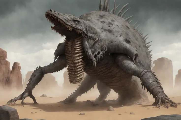 strange ancient creature embedded in stone, mechatronics covered with many plates of pearl metal armor, six legs, posapocalipsis, post-apocalyptic, mad max, sci-fi, fantasy, extraterrestrial, hyper realistic, intricate insanely detailed