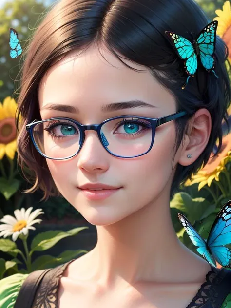 (highres, high lighting, 4k), blue rimmed glasses, 1girl, face, detailed face, blue eye, garden, short hair, she has a butterfly on her head, close up face, sun in mid day, smile, :), looking at viewer, close - up intensity, green dress, eyes half closed,