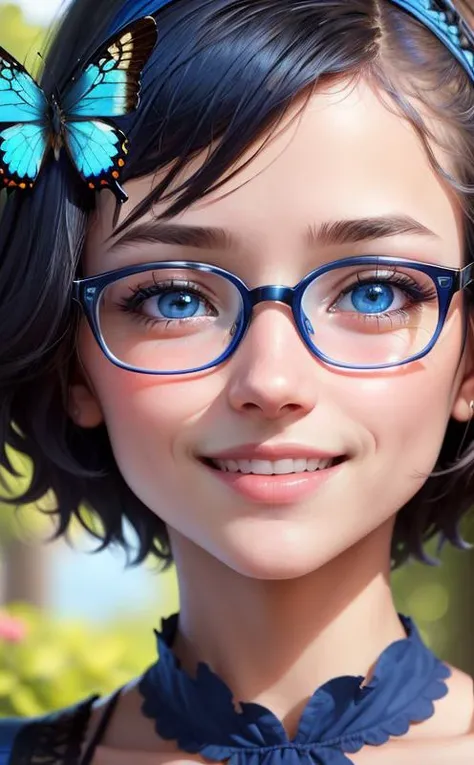 (highres, high lighting, 4k), blue rimmed glasses, 1girl, face, detailed face, blue eye, garden, very short hair, she has a butterfly on her head, close up face, sun in mid day, big smile, she smiles with her mouth wide open, looking at viewer, close - up intensity, blue dress, eyes half closed, <lora:eyeLora_eyesV10:0.1>