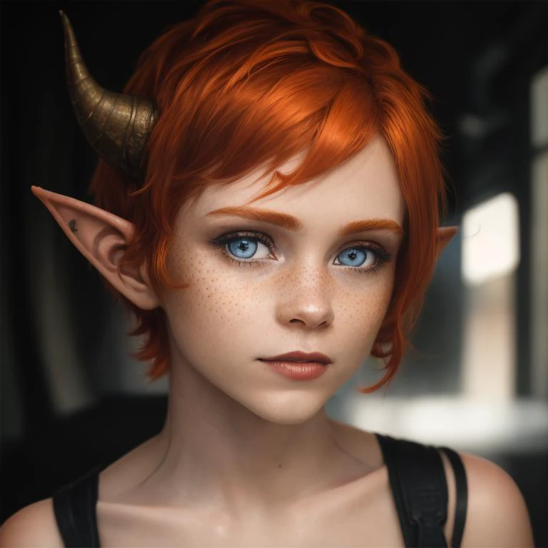 portrait of a beautiful short redhair tiefling elf ears, horns, orange hair, freckles, bright BLUE eyes<lora:sophiaLillis_v10:0.7>, RAW photo, candid, professional photography, 1.8f, dof, studio lighting, sharp focus , intricate details, volumetric light, perfect studio soft lights, (backlight:1.2), 8k uhd, dslr, high quality, film grain, (detailed skin:1.2), wrinkles, pores