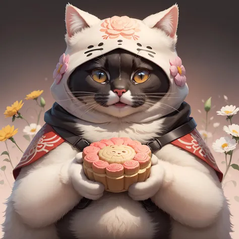 (masterpiece),(best quality),(ultra-detailed), digital painting, illustration, ((portrait)), pastel colours, bloom,
(no humans), (simple background:1.4), (clean background:1.4), (blurry background:1.3),
A (fat white cat) wearing a (A balaclava filled with flowers:1.5) and (holding a huge Chinese mooncake:1.3), (grin:1.2),