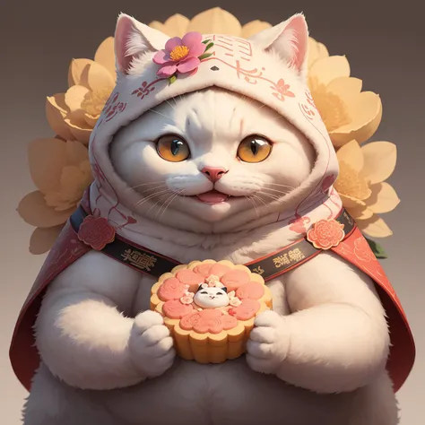 (masterpiece),(best quality),(ultra-detailed), digital painting, illustration, ((portrait)), pastel colours, bloom,
(no humans), (simple background:1.4), (clean background:1.4), (blurry background:1.3),
A (fat white cat) wearing a (A balaclava filled with flowers:1.5) and (holding a huge Chinese mooncake:1.3), (grin:1.4),