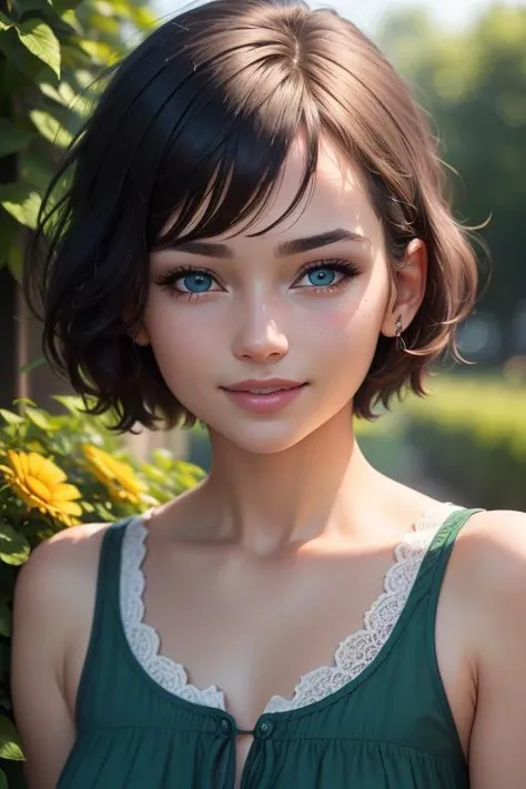 (highres, high lighting, 4k), 1girl, face, detailed face, blue eye, short hair, garden, close up face, sun in mid day, smile, :), looking at viewer, close - up intensity, green dress, eyes half closed,