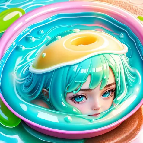 slime woman melting into a puddle in a plastic kiddie pool