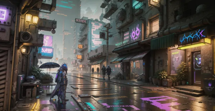 (cyberpunk:2),cyberpunk 2077, city, (night:2),street, power lines, umbrella, building, sign, rain , utility pole, neon lights,Dark Sky, car,road, east asian architecture, window, stairs, water, storefront, puddle,masterpiece, best quality