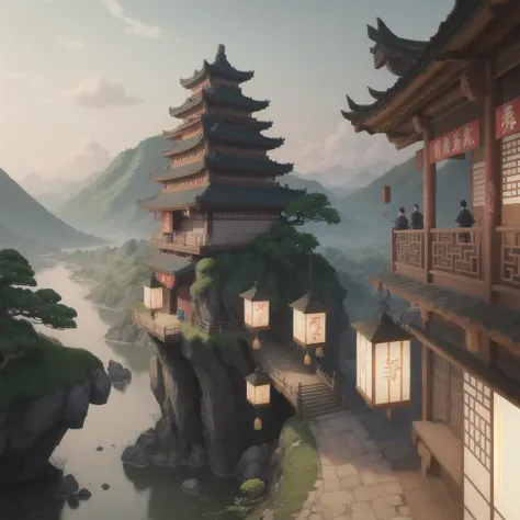 (digital painting),(best quality), Ukiyo-e art style, Hokusai inspiration, 8k ultra-realistic, landscape orientation,In ancient China, Chang'an City, magnificent, dwellings, dragons, lanterns, prosperity