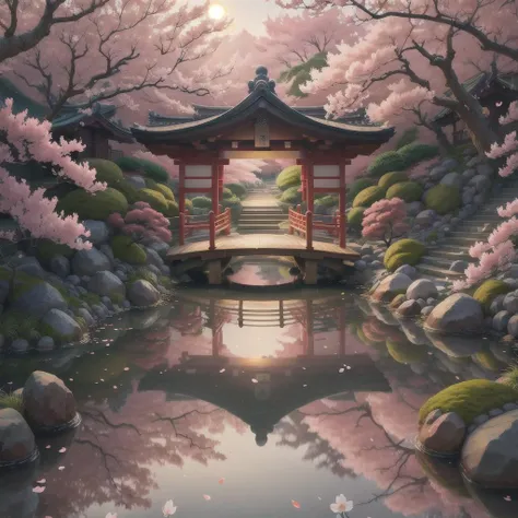 (digital painting),(best quality), serene Japanese garden, cherry blossoms in full bloom, koi pond, footbridge, pagoda, Ukiyo-e art style, Hokusai inspiration, Deviant Art popular, 8k ultra-realistic, pastel color scheme, soft lighting, golden hour, tranquil atmosphere, landscape orientation
