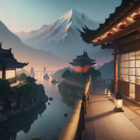 (digital painting),(best quality), Ukiyo-e art style, Hokusai inspiration, 8k ultra-realistic, landscape orientation,In ancient China, Chang'an City, magnificent, dwellings, dragons, lanterns, prosperity