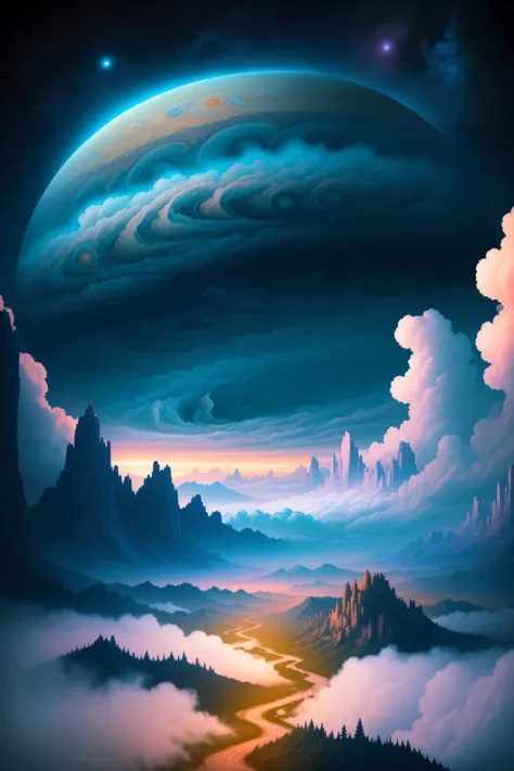 illustration of jupiter clouds by dan mumford, alien landscape and vegetation, epic scene, a lot of swirling clouds, high exposure, highly detailed, realistic, vibrant blue tinted colors, uhd