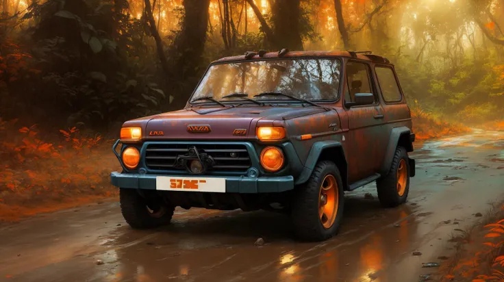 LADA Niva, rusty car,alien planet, retrofuturism,(backlight:1.2),(jungle:1.2), headlights, rays of light, road, forest, meadows, (puddles:1), (Teal and Orange,:1.3) mountains, clouds, golden hour,(cinematic look,:0.8)  hyperdetailed,atmosphere <lora:lowra_v10:0.1>