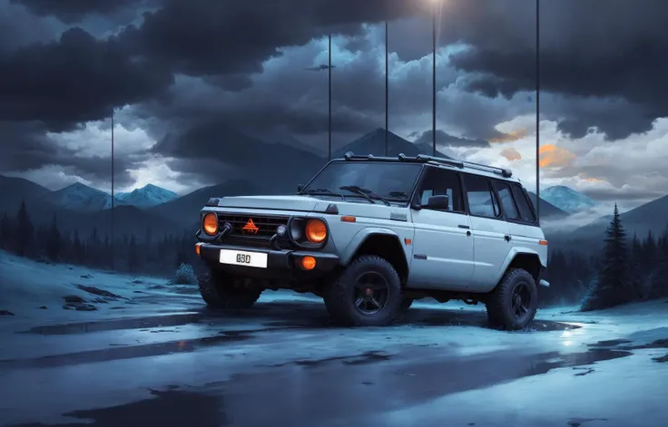 LADA Niva, rusty car,alien planet, retrofuturism,(backlight:1.2), road, forest, meadows, (puddles:1), (Teal and Orange,:1.3) mountains, clouds, golden hour,(cinematic look,:0.8)  hyperdetailed,atmosphere <lora:lowra_v10:0.1>