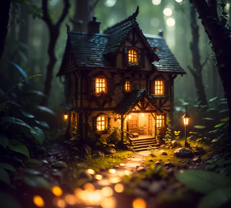 a RAW photo of a fairy mansion,nature,plants, light particles,neon fireflies, night, volumetric lighting, (((macro lens))) , 8k, HDR, UHD, professional photography