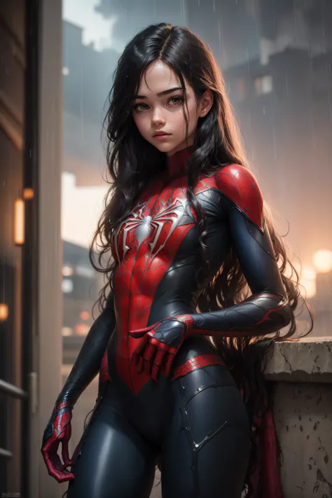 18 yo girl, spider man suit, long hair, rain, roof, masterpiece, intricate detail, perfect anatomy