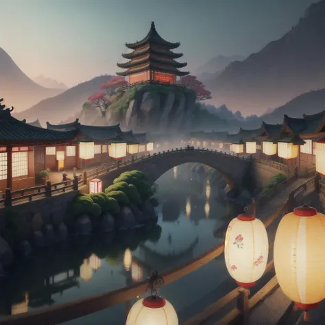 (digital painting),(best quality), Ukiyo-e art style, Hokusai inspiration, 8k ultra-realistic, landscape orientation,In ancient China, Chang'an City, magnificent, dwellings, dragons, lanterns, prosperity