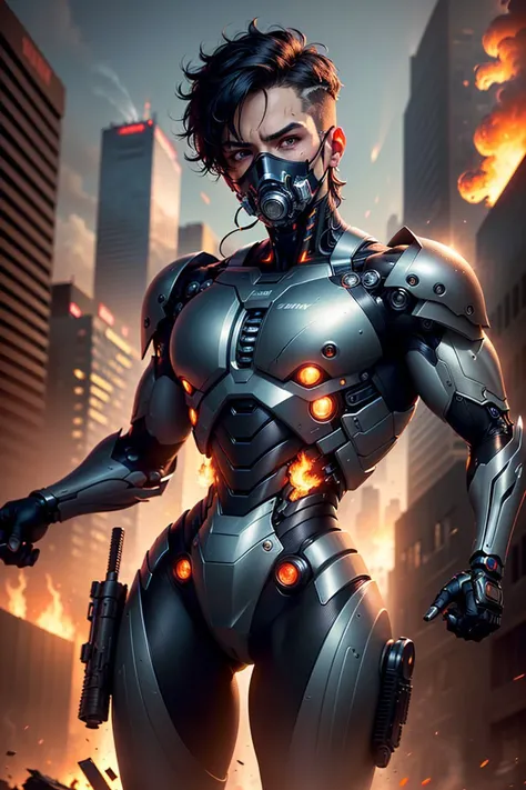 (masterpiece, best quality, ultra-detailed, best shadow), ((saturated color)), (detailed background), (best illumination), ((cinematic light)), ((cyborg man)), (solo), (1boy), muscular, action shot, in a destroyed city, chaotic, debris, landing pose, looking up, ((mechanical face mask covering mouth)), short black hair mid part, gunfire, gunfight, tracers, murderous stare, smoke and fire,