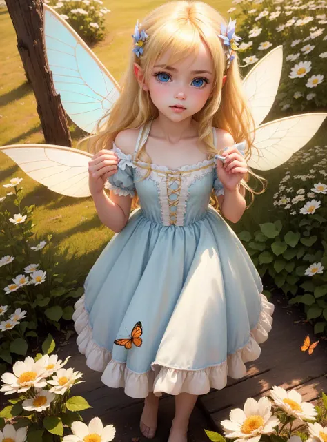 (((best quality))), ((masterpiece))
((highly detail eyes))
extremely detailed 8K
high resolution
((ultra quality))
Global illumination
realistic light, realistic shadow, perfect quality, detailed shadow and light
pixar, ((FANTASY)), ((MAGIC)), (((cinematic light)))
hyperdetail, (extremely detailed CG unit 8k wallpaper, ultradetailed, best shadow)
(detailed background: 1.4), (better lighting, extremely delicate and beautiful) beautiful and detailed brightness
3D, ((HIPER quality)), 5K, 6K, 7K, 8K, ((cinematic light)), ((best quality)), ((realistic)), (detailed)
highly detailed skin, insanely detailed, ((SMOOTHNESS, CLEAN IMAGE)), 
(((perfect eyes ))), (((beautiful eyes))), both eyes are the same, smooth, ((((perfect face)))), ((highly detail eyes)),(beautiful and detailed face, beautiful detailed eyes), real hair movement
nikon d850 film, stock photograph, 4 kodak, portra 400 camera f1.6 lens, rich colors, hyper realistic, lifelike texture, dramatic, lighting, unrealengine, trending on artstation
((((cute and delicate girl)))), ((((blonde hair)))), ((kawaii)), ((cute eyes)), ((kawaii eyes)), (((fairy wings)))
(((little fairy))), green leaf clothes, basket with flowers
countryside scenery, wooden cabins, butterflies flying, lake, big flowers