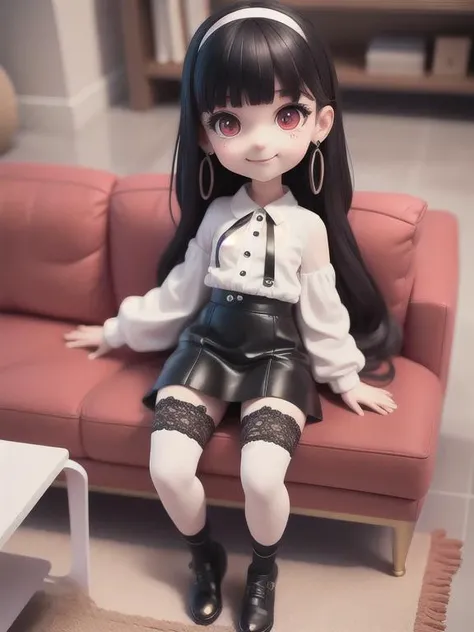 (masterpiece),(best quality),(ultra-detailed), (full body:1.2),
1girl,chibi,cute, smile,
black long straight hair,flat bangs,, red eyes, earring,
white shirt,black skirt, lace legwear,
(sitting on red sofa),
seductive posture, smile,
A sleek black coffee table sits in front of the sofa and a few decorative items are placed on the shelves,
(beautiful detailed face), (beautiful detailed eyes),
<lora:blindbox_V1Mix:1>