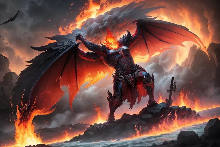 ((best quality)), ((masterpiece)), {flames of creation, origin of all, with crimson fingers you grasp and engulf all that comes in your path, scorching the earth and heavens in firestorm, bright flame dancing in darkness, infernall blaze reducing all to ashes, more than anything, powerfull, more than anything, ruthless, burning brightly, blazing fiercly, may your raging flames weave a snare, and shackle my enemy in ferocious hellfire, prison of flame}, masterpiece quality, insane detail, absurdres, hyper photorealistic, UHD, UHD, ultra high resolution, (photorealistic:1.4), official art, (8k, RAW photo:1.2), (((scenery))), ((battlefield))