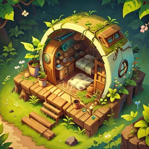 <lora:icon01_:0.6> <lora:solarpunkai_v20:0.4> living quarters, isometric, cartoon illustration, (Green-Powered:0.3), (SolarPunkAI:0.6) ;