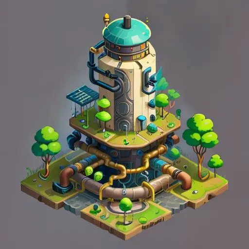<lora:icon01_:0.6> <lora:solarpunkai_v20:0.4> industrial tower, isometric, cartoon illustration, (Green-Powered:0.4), (SolarPunkAI:0.4) ;