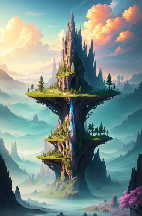 A mystical and epic landscape, featuring a fantastical and surreal world of floating islands, giant trees, and mythical creatures, that transport the viewer to a world of imagination and wonder, artstation, digital art, intricate, trending, bright colors