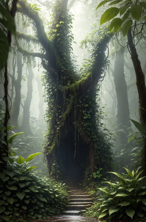 A jungle, with intense rainfall, monochromatic, vines all around, giant and wet trees, masterpiece, best quality, high quality, extremely detailed CG unity 8k wallpaper, oil paiting, award winning photography, Bokeh, Depth of Field, HDR, bloom, Chromatic Aberration ,Photorealistic,extremely detailed, trending on artstation, trending on CGsociety, Intricate, High Detail, dramatic, art by midjourney, volumetric lighting