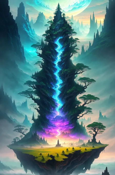 A mystical and epic landscape, featuring a fantastical and surreal world of floating islands, giant trees, and mythical creatures, that transport the viewer to a world of imagination and wonder, artstation, digital art, intricate, trending, bright colors