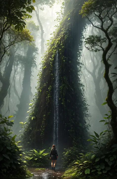 A jungle, with intense rainfall, monochromatic, vines all around, giant and wet trees, masterpiece, best quality, high quality, extremely detailed CG unity 8k wallpaper, oil paiting, award winning photography, Bokeh, Depth of Field, HDR, bloom, Chromatic Aberration ,Photorealistic,extremely detailed, trending on artstation, trending on CGsociety, Intricate, High Detail, dramatic, art by midjourney, volumetric lighting