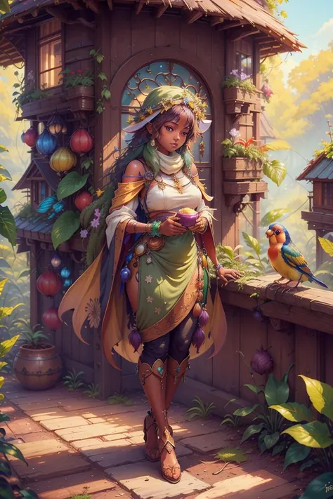 best quality,(masterpiece:1.2),<lora:solarpunkai_v20:0.9>,green-powered, Gouldian Finch,fantasy creatures,