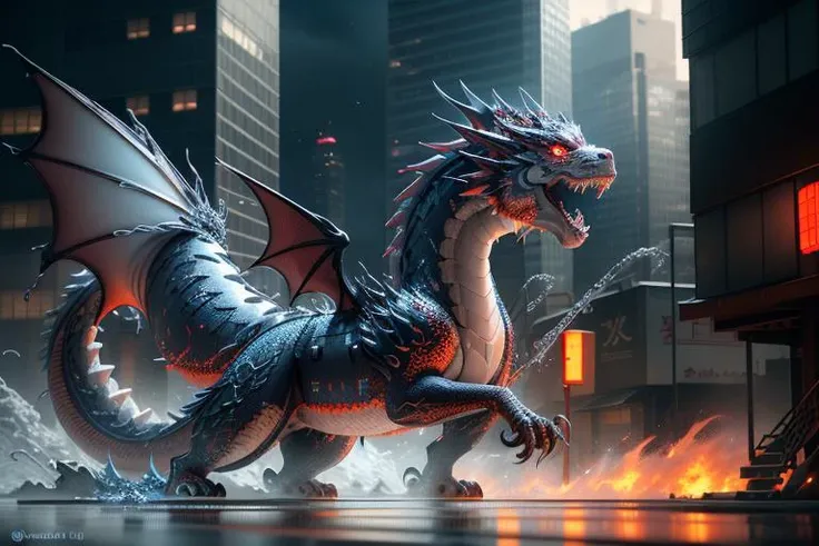 ((city on fire)), ((Japanese Dragon made of liquid silver, flying, silver liquid body, vfx film, flowing liquid, biomechanical fluid, 3 d fluid simulation render, octane redshift, schlieren flow visualization, swirling liquids, red color liquid palette, abstract liquid, fluid simulation)), ultra detailed, masterpiece, best quality, detailed lighting, 5d, photorealistic, daz3d, unity, unreal Engine, sharp focus, hyper-intricate-fine-detailed, high res, accuracy, 8k, raytraced, UHD