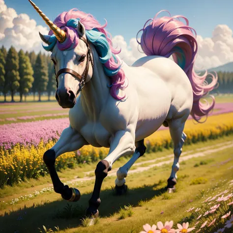 Unicorn with golden horn, running in meadow filled with colorful flowers.