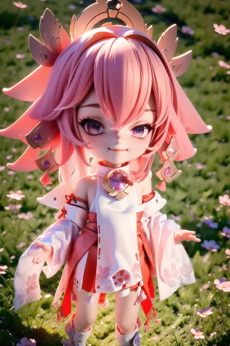(masterpiece),(best quality), (8k, RAW photo, best quality), (ultra-detailed), (full body:1.2), (Soft light and shadow), 1girl, yae miko, chibi, (beautiful detailed face), (detailed body), (beautiful detailed eyes), pink hair, smile, one eye closed, outdoors, wide grass field, <lora:blindbox_V1Mix:1> <lora:yaeMikoRealistic_yaemikoMixed:1>