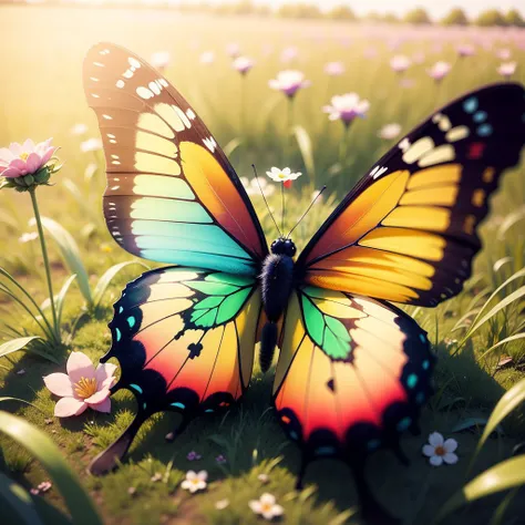 Stunning butterfly with shimmering blue wings, delicately landing on a vibrant pink flower in a lush green field, surrounded by gently swaying tall grass.