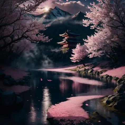 ((best quality)), ((masterpiece)), bloody sunset, shadow of dexterity, ninja, sakura, japanese mountain village, torii, pagoda, waterfall, mountain road, wind blowing, (((({pink petals})))), (((light particles))), mountain river, fog, evening, autumn, masterpiece quality, insane detail, absurdres, hyper photorealistic, UHD, ultra high resolution, (photorealistic:1.4), official art, (8k, RAW photo:1.2), (((scenery))), <lora:lowra_v10:1>