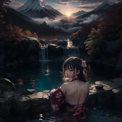 ((best quality)), ((masterpiece)), ({japanese warrior girl [wearing a old fashioned kimono] washing legs in a pool under mountain waterfall}), from behind, looking over shoulder, upperbody focus, wet hair, {bloody sunset}, shadow of dexterity, japanese mountain village, japanese river village, mountain road, mountain river, fog, evening, autumn, katana lying at side, masterpiece quality, insane detail, absurdres, hyper photorealistic, UHD, ultra high resolution, (photorealistic:1.4), official art, (8k, RAW photo:1.2),  <lora:lowra_v10:0.78>