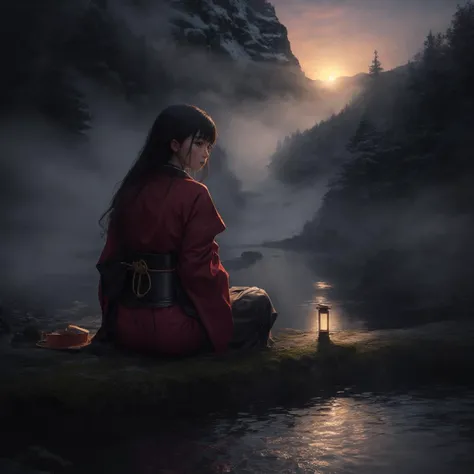 ((best quality)), ((masterpiece)), ({japanese warrior girl [in a old fashioned kimono] washing legs in a pond under mountain waterfall}), {bloody sunset}, shadow of dexterity, japanese mountain village, japanese river village, mountain road, mountain river, fog, evening, autumn, katana lying at side, from behind, looking over shoulder, upper body focus, masterpiece quality, insane detail, absurdres, hyper photorealistic, UHD, ultra high resolution, (photorealistic:1.4), official art, (8k, RAW photo:1.2),  <lora:lowra_v10:0.7>