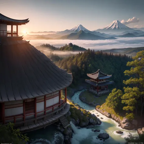 ((best quality)), ((masterpiece)), japanese warrior girl washing legs near mountain waterfall, upperbody focus, {bloody sunset}, shadow of dexterity, {bamboo cone hat}, japanese mountain village, pagoda, mountain road, mountain river, fog, evening, autumn, katana, masterpiece quality, insane detail, absurdres, hyper photorealistic, UHD, UHD, ultra high resolution, (photorealistic:1.4), official art, (8k, RAW photo:1.2), from above, ((((scenery))))