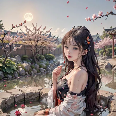 (8k, RAW photo:1.2),best quality, Masterpiece,ultra high res,dramatic angle,beautifully painted,highly detailed,color Ink wash painting,(color splashing),colorful splashing,(fluttered detailed color splashs),((ink refraction)), bright,vivid color,distant viewer, looking afar
1girl,Eastern_European_girls,(bathing:1.3,soaking in the hot spring:1.5,partially immersed:1.4,Holding a lotus in its beak:1.2),smile,(long hair,hair ornament:1.4),hair flower, water on skin, arms behind back,(chinese clothes,Hanfu, colorful),wet clothes, opened clothes,bare shoulders,(wearing dudou,see-through chemise),small breasts exposure,breasts out,erect nipples,
outdoors,chinese ancient style,ancient palace beside,east asian architecture,(beautiful detailed sky),moon,blue sky, lakes, pure,(Lycoris radiata, butterfly, cherry blossoms,Petals floating on the hot spring:1.4), willow tree, bamboo,
<lora:pureInnocentGirl_v20:0.2><lora:cuteGirlMix4_v10:0.3>,<lora:hanfu_v30:0.2>,<lora:conceptPaintedClothes_v10:0.1>