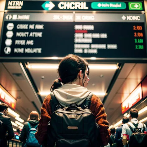 ((realistic)), A busy and bustling airport terminal, filled with the sounds of people rushing to catch their flights and the smell of freshly brewed coffee from the nearby cafes. The hustle and bustle of the crowd is punctuated by the announcement of departing flights and the hum of the baggage carousel.