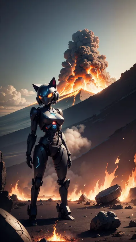 a robot cat, solo, standing, volcano in background, lava, (mechanical parts, cyborg, android),
(masterpiece:1,2), best quality, masterpiece, highres, original, extremely detailed wallpaper, perfect lighting,(extremely detailed CG:1.2),