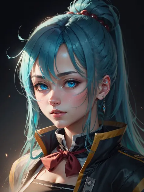 masterpiece, best quality, highres, aqua \(konosuba\), portrait, blue hair, blue eyes, long long hair, highly detailed, artstation, concept art, sharp focus, illustration, cinematic lighting, my