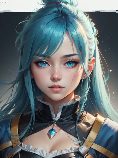 masterpiece, best quality, highres, aqua \(konosuba\), portrait, blue hair, blue eyes, long long hair, highly detailed, artstation, concept art, smooth, sharp focus, illustration, award