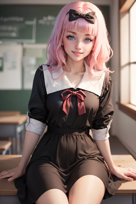 ((best quality)), ((masterpiece)), ((realistic)), (detailed), 1girl, school uniform, fujiwara chika, blue eyes, pink hair, hair bow, smiling, looking at viewer, sitting on desk, , classroom, insanely detailed, an extremely delicate and beautiful, detailed background, ((masterpiece)), absurdres, 8k uhd <lora:love is war:1>